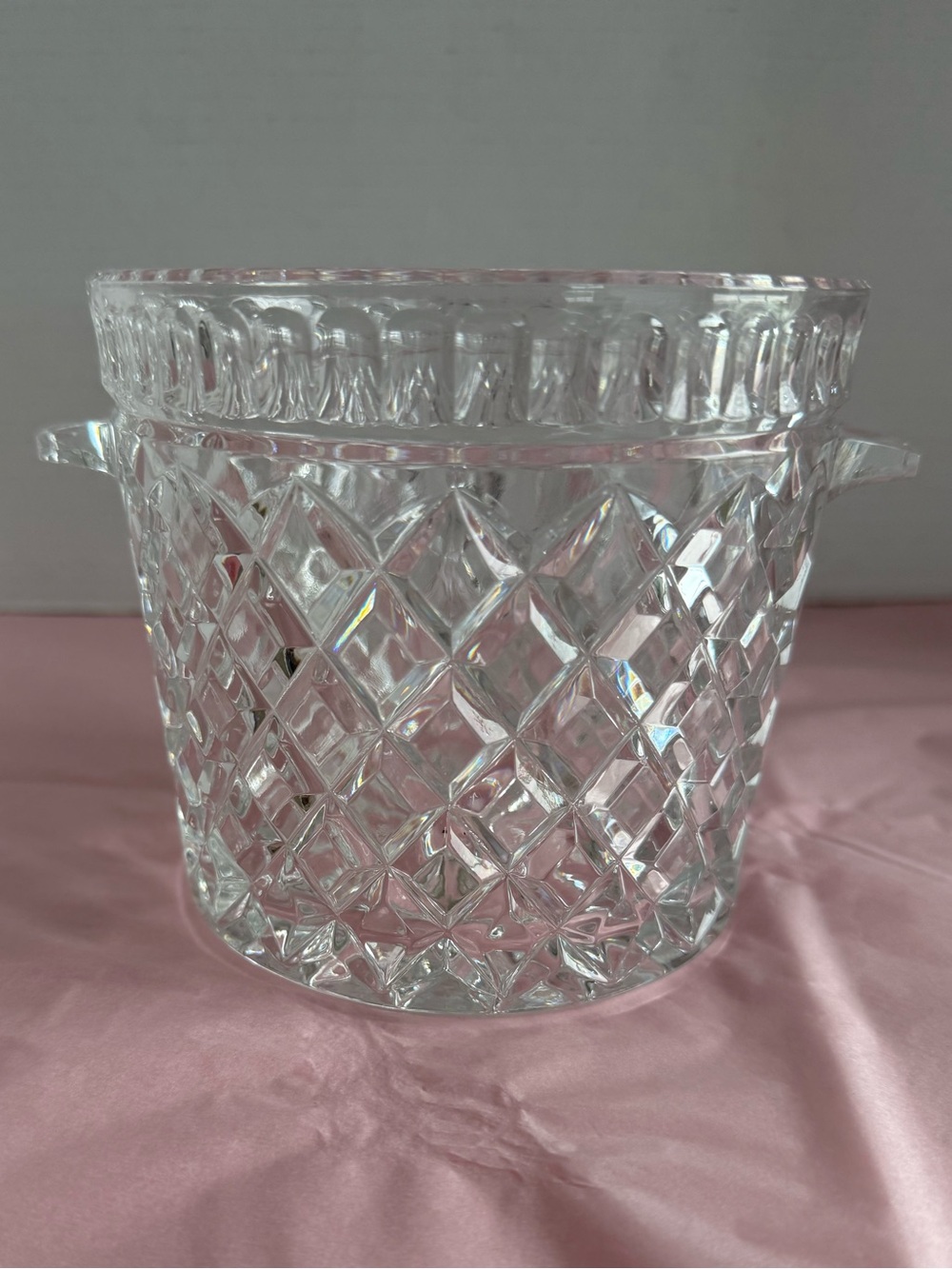 VTG Bohemia Crystal Ice Bucket Diamond Pattern w/Small Handles Starburst Bottom